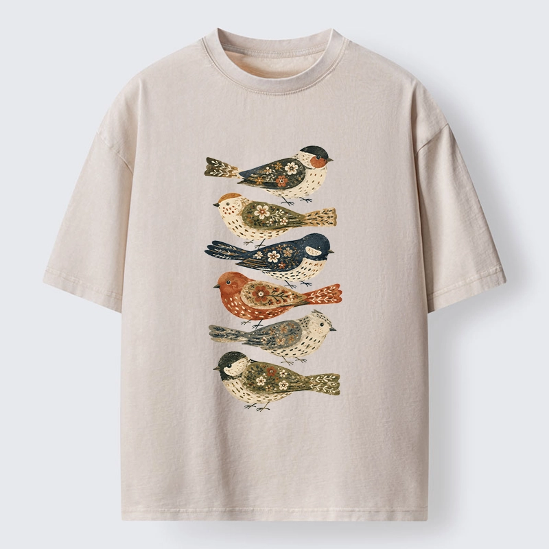 Tokyo-Tiger Colorful Folk Birds In Earthy Tones Washed T-Shirt