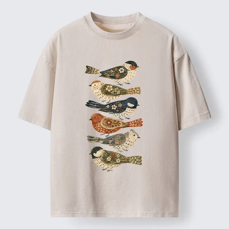 Tokyo-Tiger Colorful Folk Birds In Earthy Tones Washed T-Shirt
