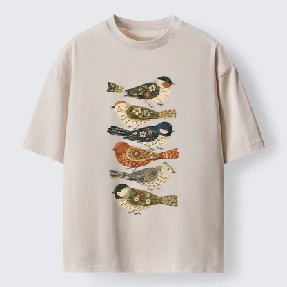 Tokyo-Tiger Colorful Folk Birds In Earthy Tones Washed T-Shirt