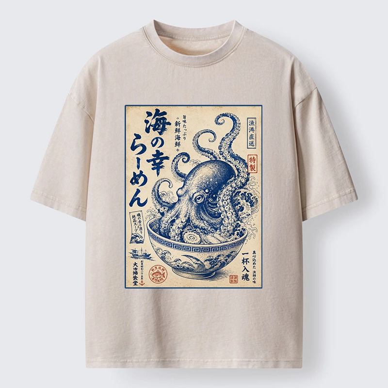 Tokyo-Tiger Vintage Octopus Ramen Japanese Poster Washed T-Shirt