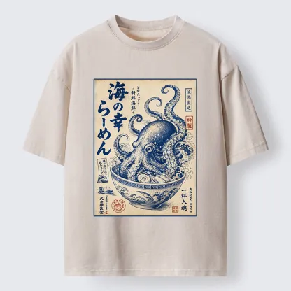Tokyo-Tiger Vintage Octopus Ramen Japanese Poster Washed T-Shirt