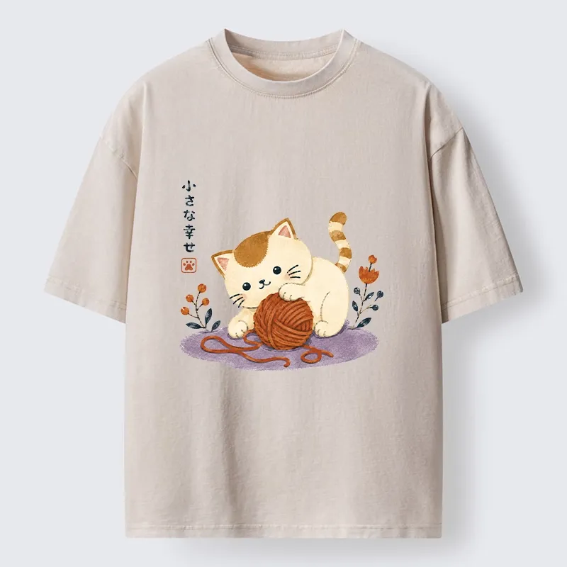 Tokyo-Tiger Cute Watercolor Cat Playing With Yarn Washed T-Shirt Sale