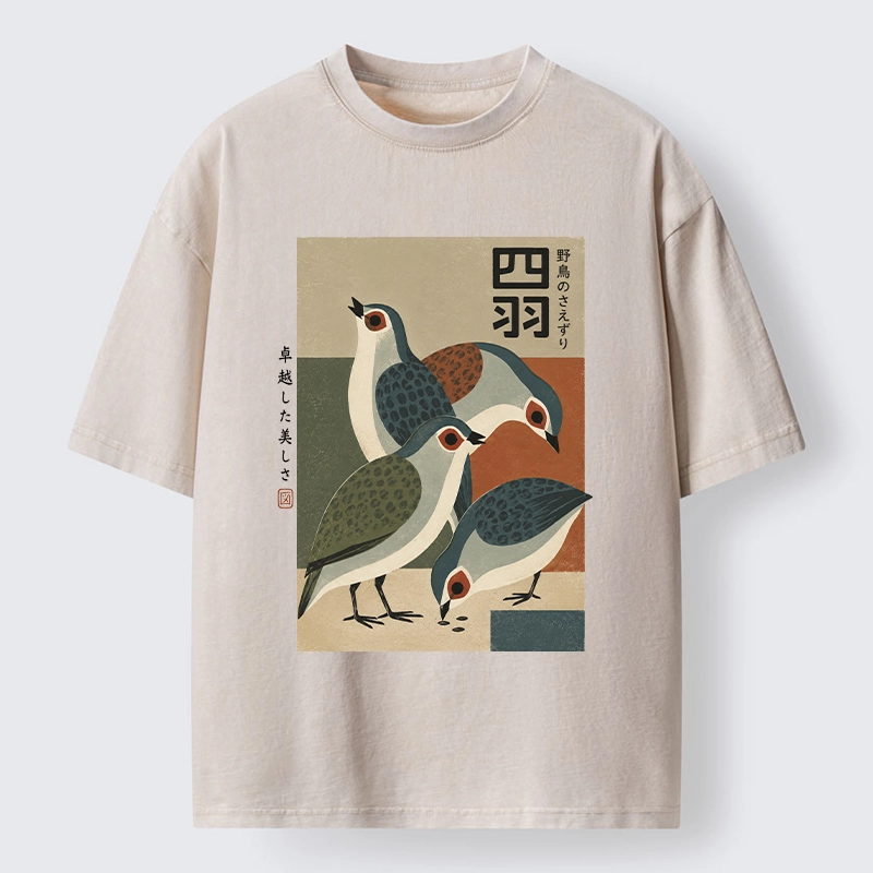 Tokyo-Tiger Four Birds In Vintage Japanese Style Washed T-Shirt