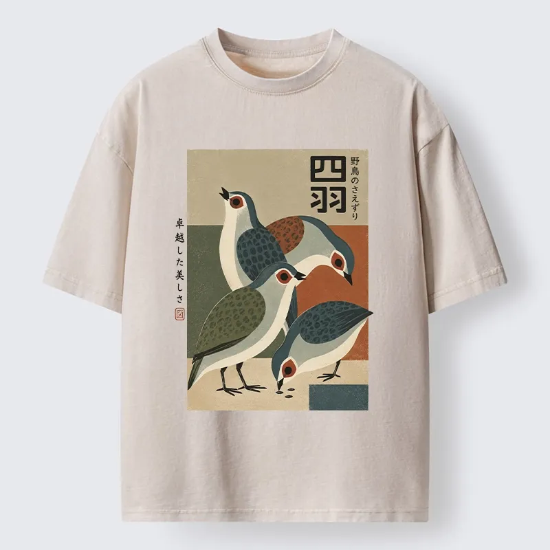 Tokyo-Tiger Four Birds In Vintage Japanese Style Washed T-Shirt