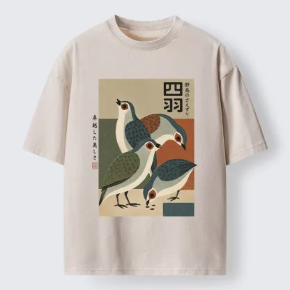 Tokyo-Tiger Four Birds In Vintage Japanese Style Washed T-Shirt