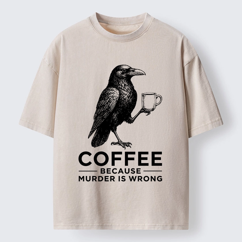 Tokyo-Tiger Raven Holding Coffee Life Mood Washed T-Shirt