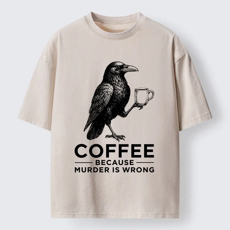 Tokyo-Tiger Raven Holding Coffee Life Mood Washed T-Shirt Sale