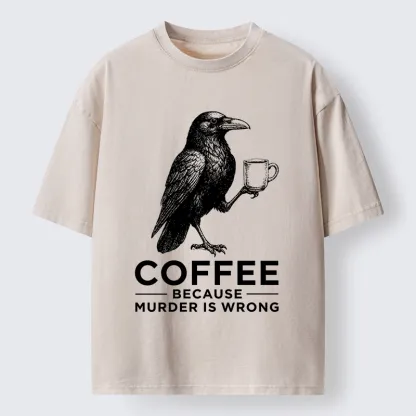 Tokyo-Tiger Raven Holding Coffee Life Mood Washed T-Shirt