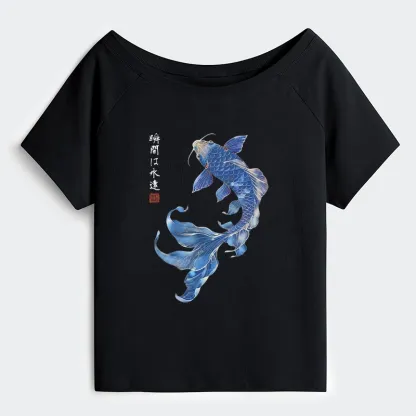 Tokyo-Tiger Lucky Blue Koi Fish Art Off Shoulder T-Shirt
