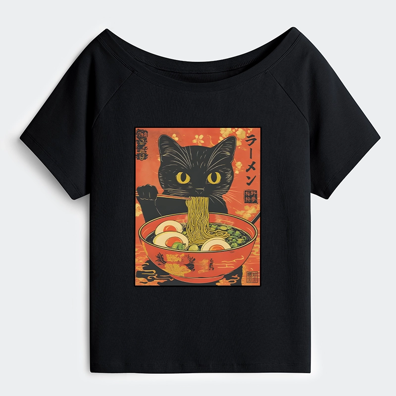 Tokyo-Tiger Hungry Black Cat Loves Ramen Off Shoulder T-Shirt