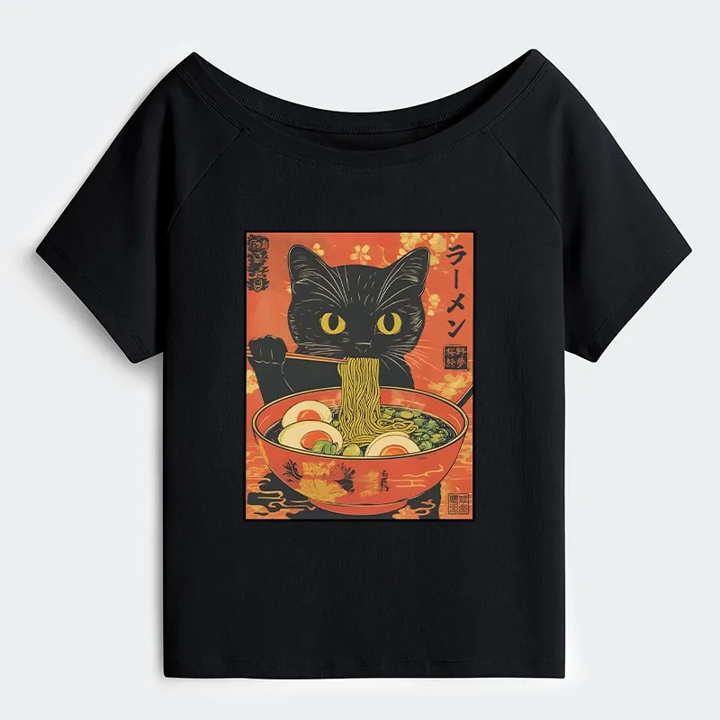 Tokyo-Tiger Hungry Black Cat Loves Ramen Off Shoulder T-Shirt Sale
