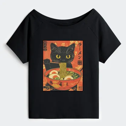 Tokyo-Tiger Hungry Black Cat Loves Ramen Off Shoulder T-Shirt