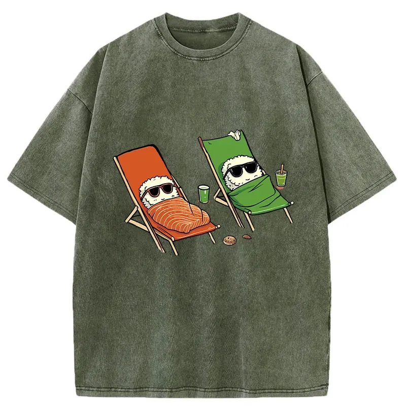 Tokyo-Tiger Funny Sushi Sunbathing Washed T-Shirt