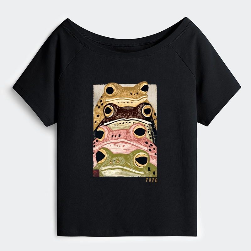 Tokyo-Tiger Whimsical Multi Colored Frog Art Off Shoulder T-Shirt
