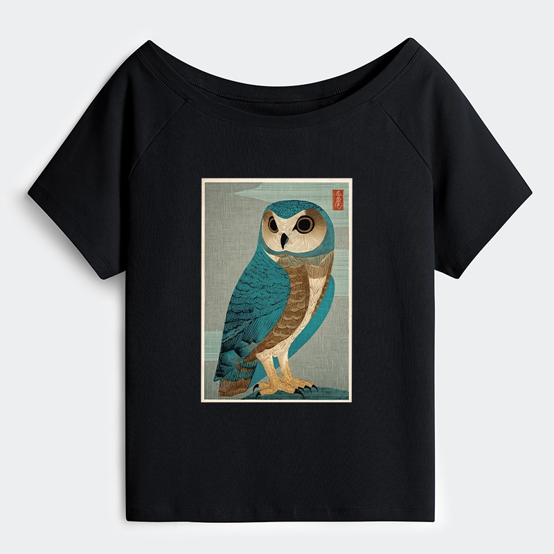 Tokyo-Tiger Vintage Owl Woodblock Art Off Shoulder T-Shirt