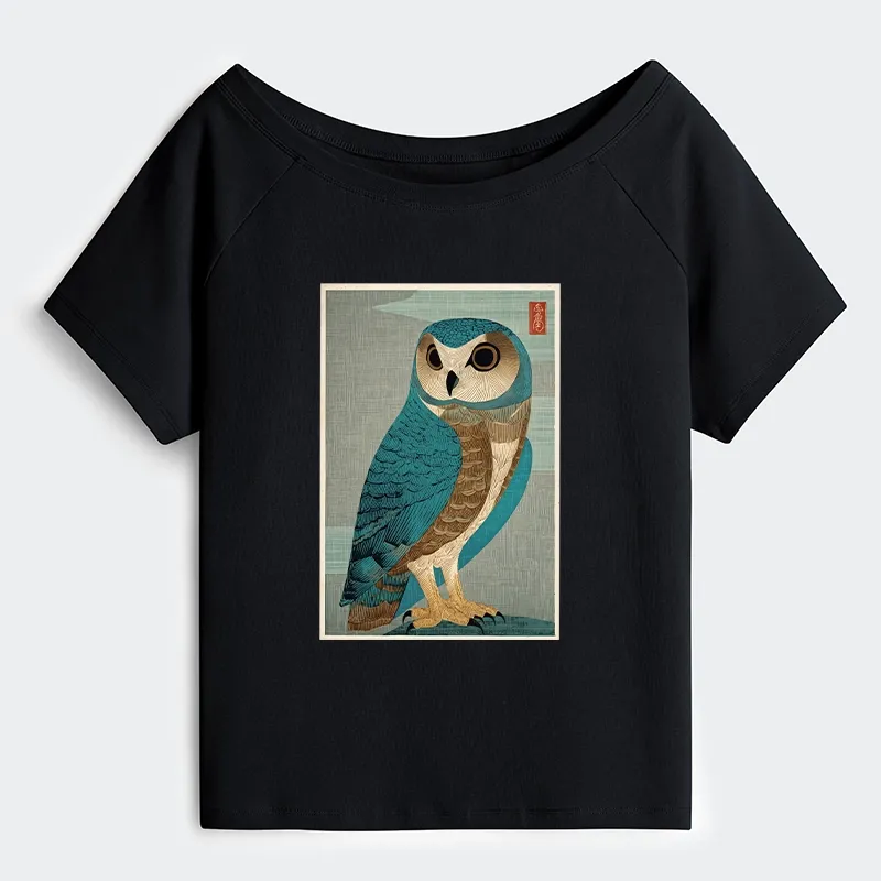 Tokyo-Tiger Vintage Owl Woodblock Art Off Shoulder T-Shirt