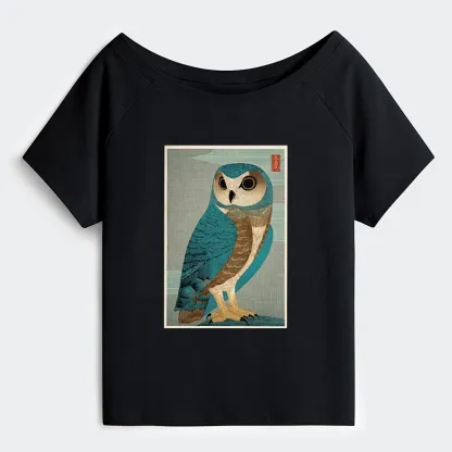 Tokyo-Tiger Vintage Owl Woodblock Art Off Shoulder T-Shirt