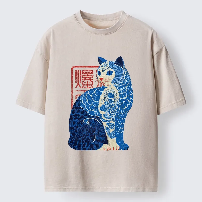 Tokyo-Tiger Blue And White Cat Print Art Washed T-Shirt