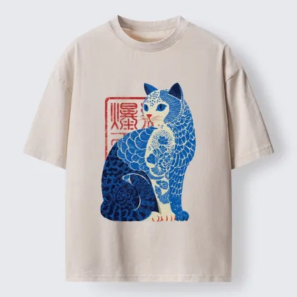Tokyo-Tiger Blue And White Cat Print Art Washed T-Shirt