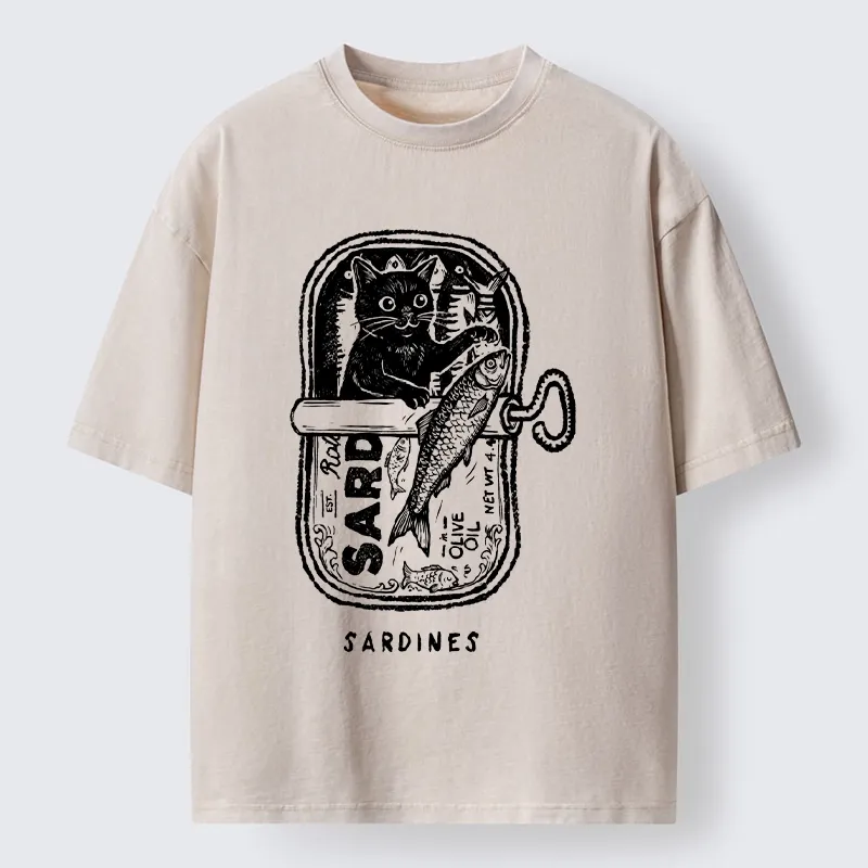 Tokyo-Tiger Black Cat Stuck In A Sardine Can Washed T-Shirt