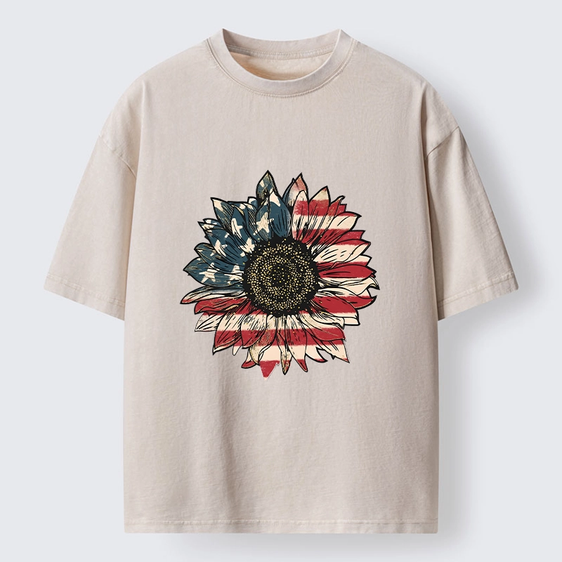 Tokyo-Tiger American Flag Sunflower Art Print Washed T-Shirt