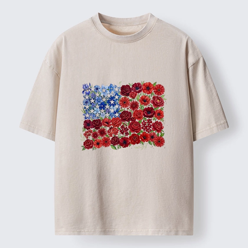 Tokyo-Tiger Floral American Flag Watercolor Art Washed T-Shirt