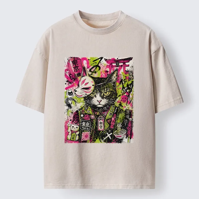 Tokyo-Tiger Funny Tokyo Street Cat Meme Art Washed T-Shirt Sale