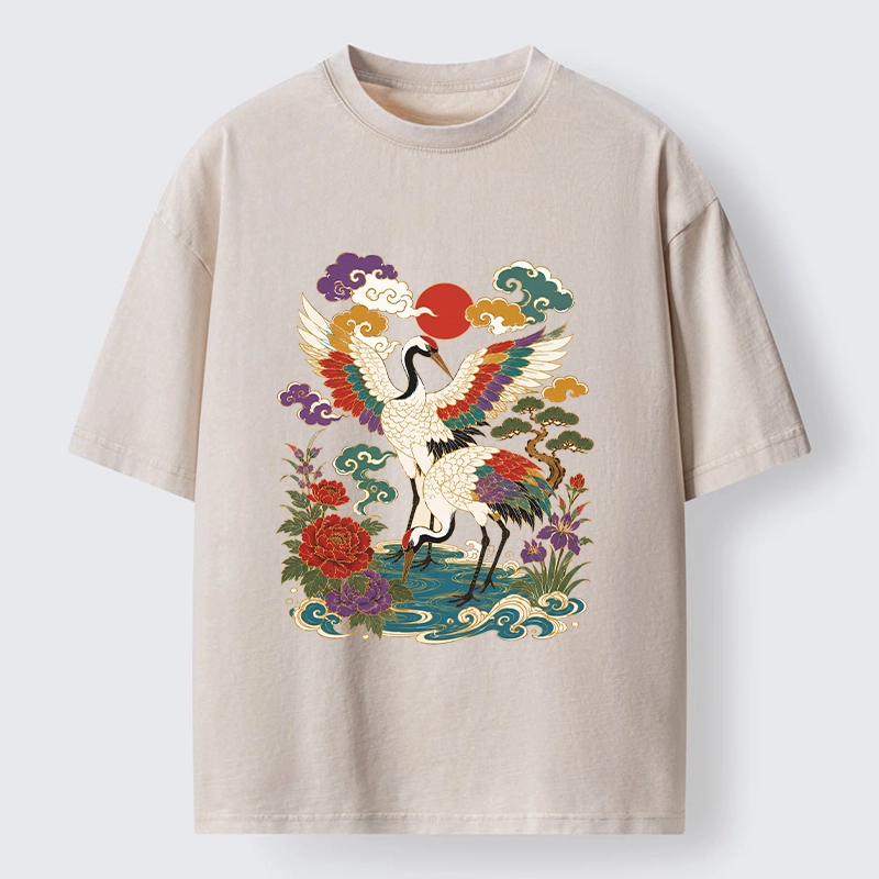 Tokyo-Tiger Traditional Japanese Cranes Art Print Washed T-Shirt