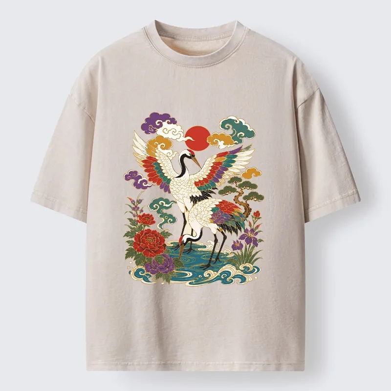 Tokyo-Tiger Traditional Japanese Cranes Art Print Washed T-Shirt