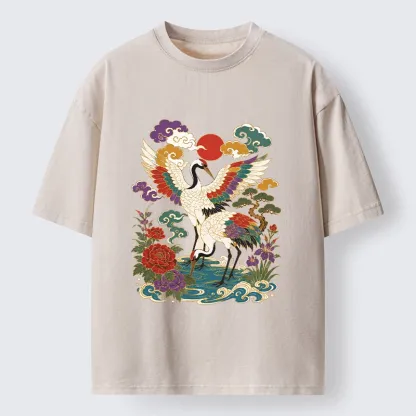 Tokyo-Tiger Traditional Japanese Cranes Art Print Washed T-Shirt