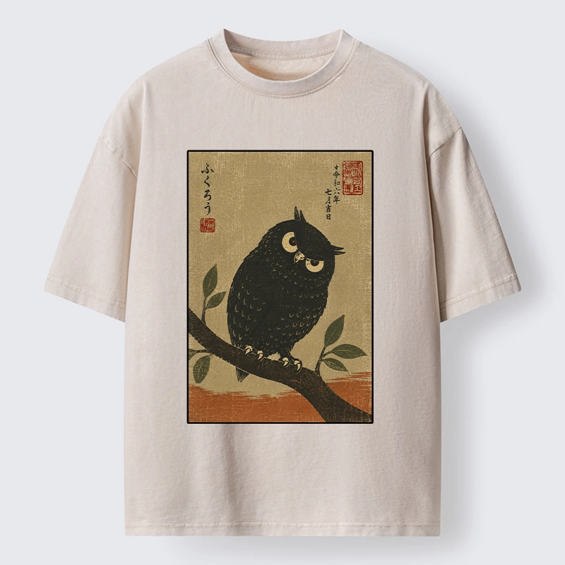 Tokyo-Tiger Traditional Black Owl Art Vibe Washed T-Shirt