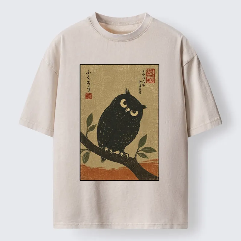 Tokyo-Tiger Traditional Black Owl Art Vibe Washed T-Shirt