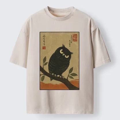 Tokyo-Tiger Traditional Black Owl Art Vibe Washed T-Shirt