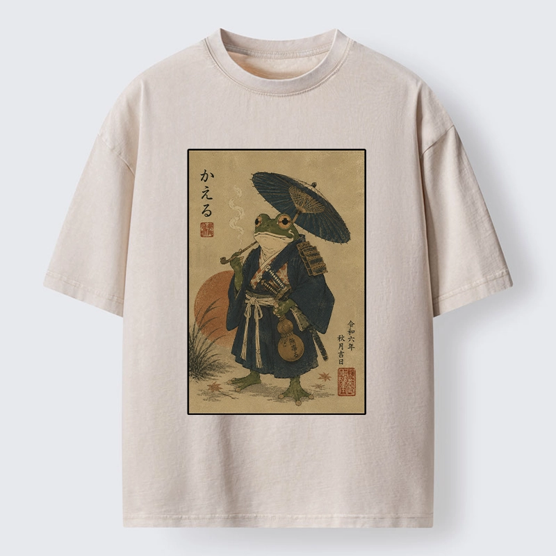Tokyo-Tiger Cool Frog Samurai In Kimono Washed T-Shirt