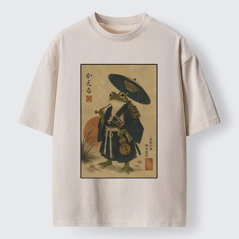 Tokyo-Tiger Cool Frog Samurai In Kimono Washed T-Shirt