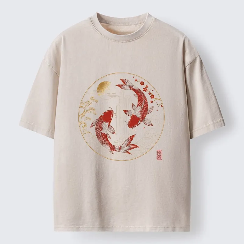 Tokyo-Tiger Lucky Koi Fish With Cherry Blossoms Washed T-Shirt Sale