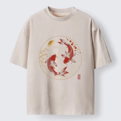 Tokyo-Tiger Lucky Koi Fish With Cherry Blossoms Washed T-Shirt