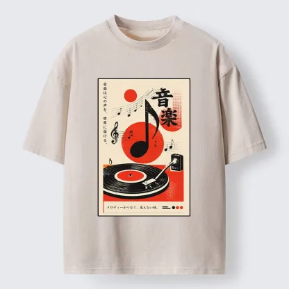Tokyo-Tiger Retro Vinyl Record And Music Notes Washed T-Shirt