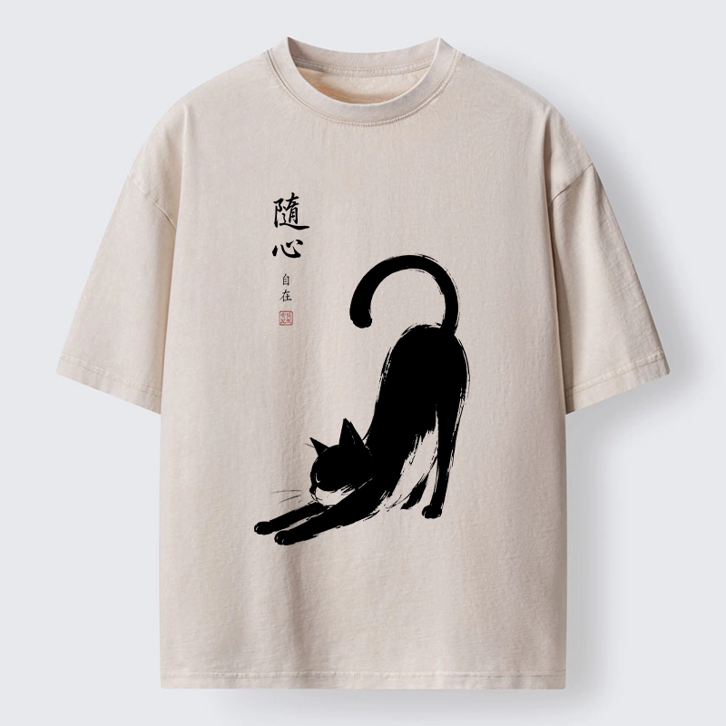 Tokyo-Tiger Zen Ink Wash Cat Stretching Art Washed T-Shirt