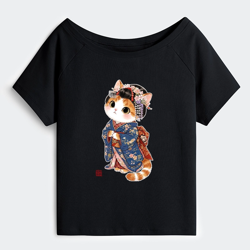 Tokyo-Tiger Cat Dressed As A Geisha Funny Off Shoulder T-Shirt
