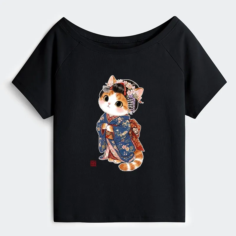 Tokyo-Tiger Cat Dressed As A Geisha Funny Off Shoulder T-Shirt