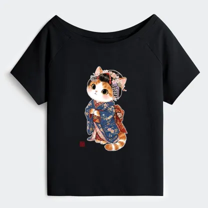 Tokyo-Tiger Cat Dressed As A Geisha Funny Off Shoulder T-Shirt
