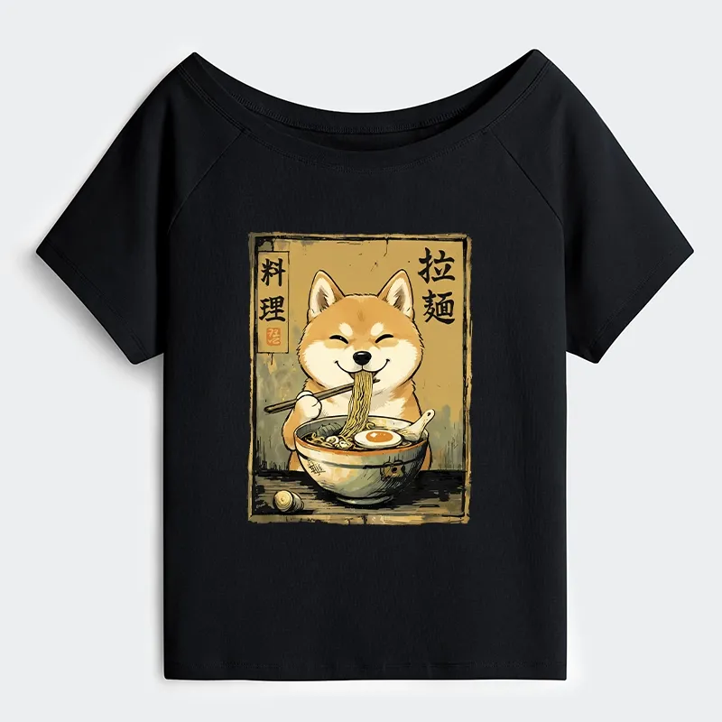 Tokyo-Tiger Happy Shiba Eating Ramen Off Shoulder T-Shirt