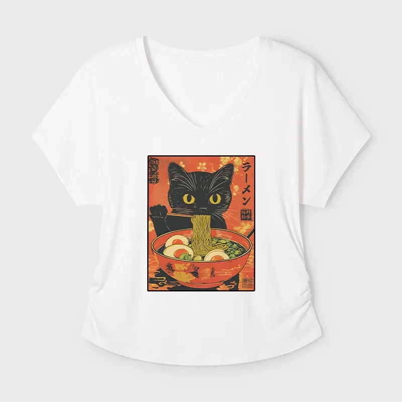 Tokyo-Tiger Hungry Black Cat Loves Ramen Modal Dolman Sleeve T-Shirt