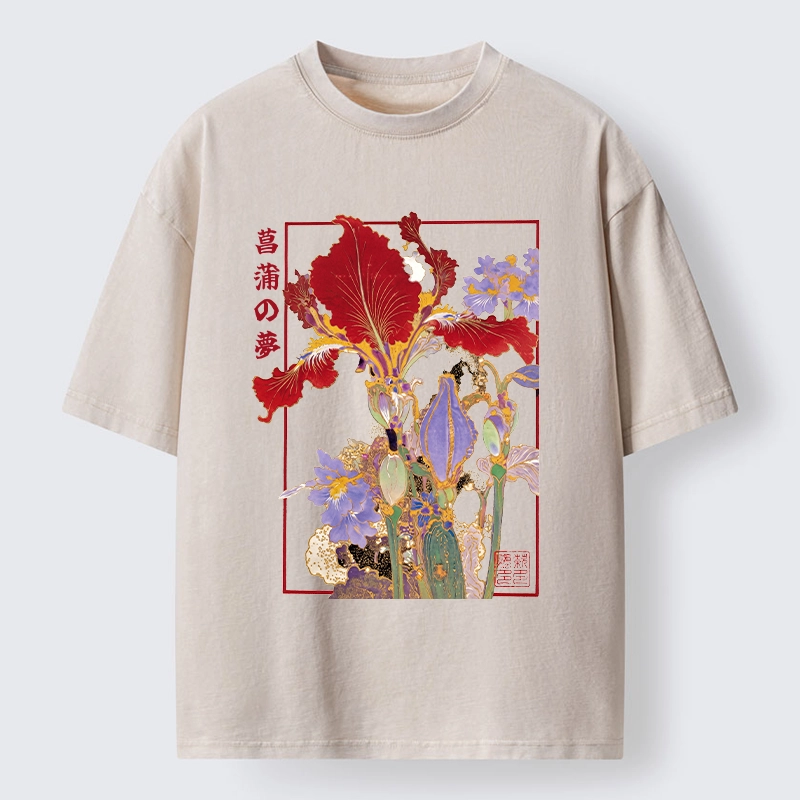 Tokyo-Tiger Antique Japanese Iris Flower Painting Washed T-Shirt