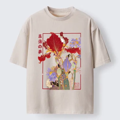 Tokyo-Tiger Antique Japanese Iris Flower Painting Washed T-Shirt