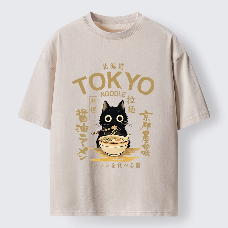 Tokyo-Tiger Black Cat Enjoys Warm Ramen Bowl Washed T-Shirt