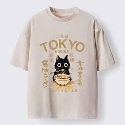 Tokyo-Tiger Black Cat Enjoys Warm Ramen Bowl Washed T-Shirt