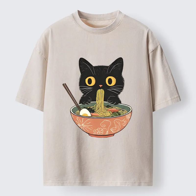Tokyo-Tiger Black Cat Focused On Ramen Feast Washed T-Shirt
