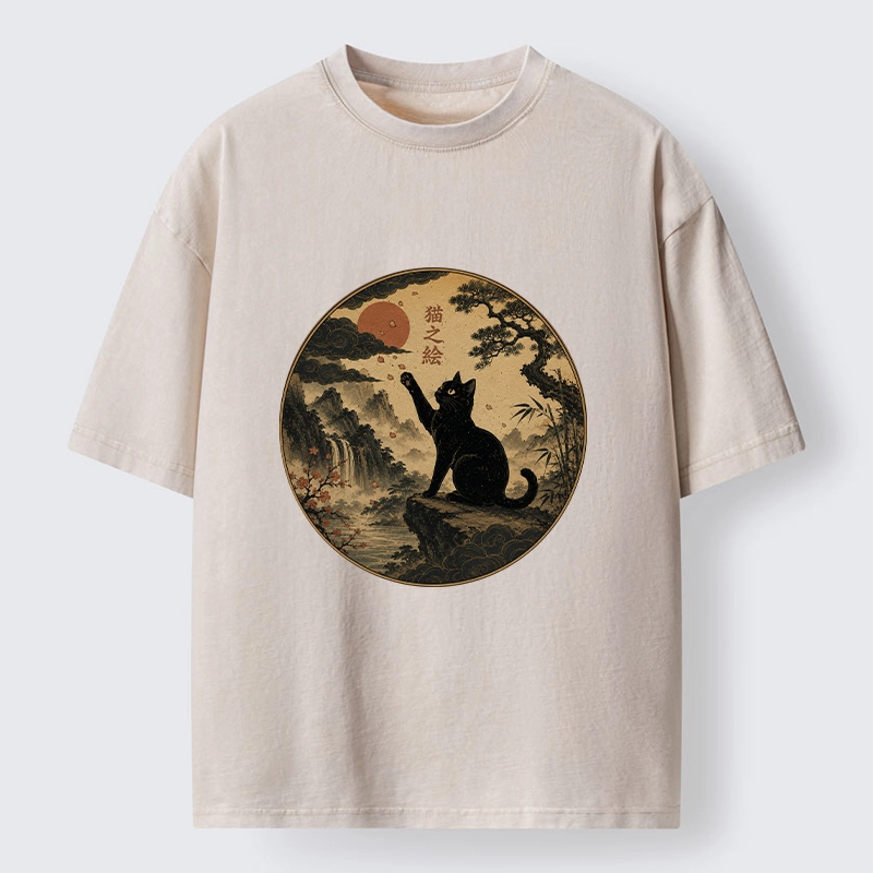 Tokyo-Tiger Serene Nature Scene Of Curious Ink Black Cat Washed T-Shirt